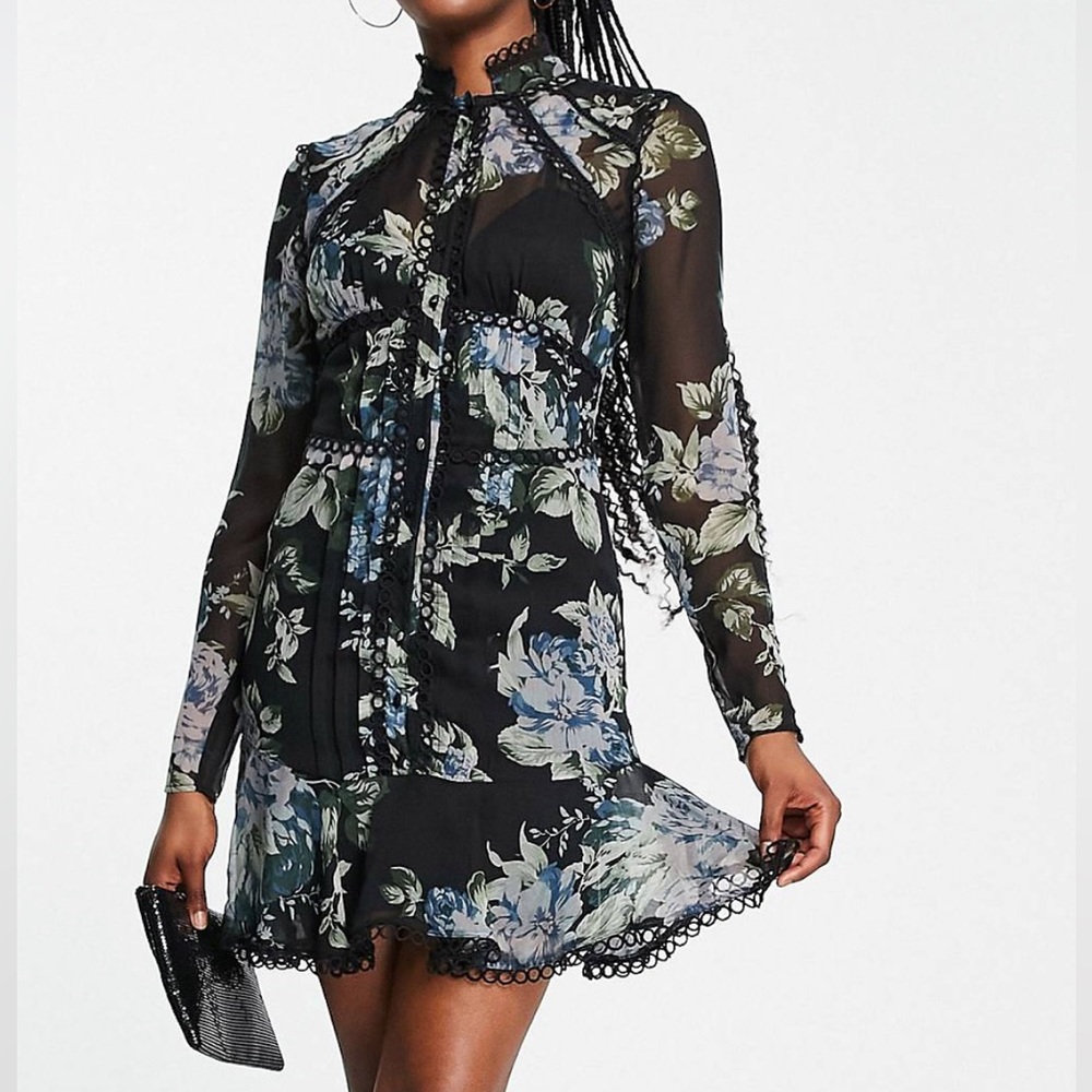 Asos design mini dress with lace trim detail in dark floral print